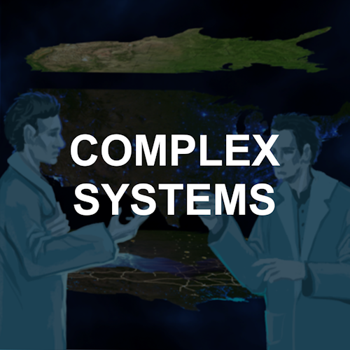 Complex Systems - two sceintists discussing the maps projected behind them
