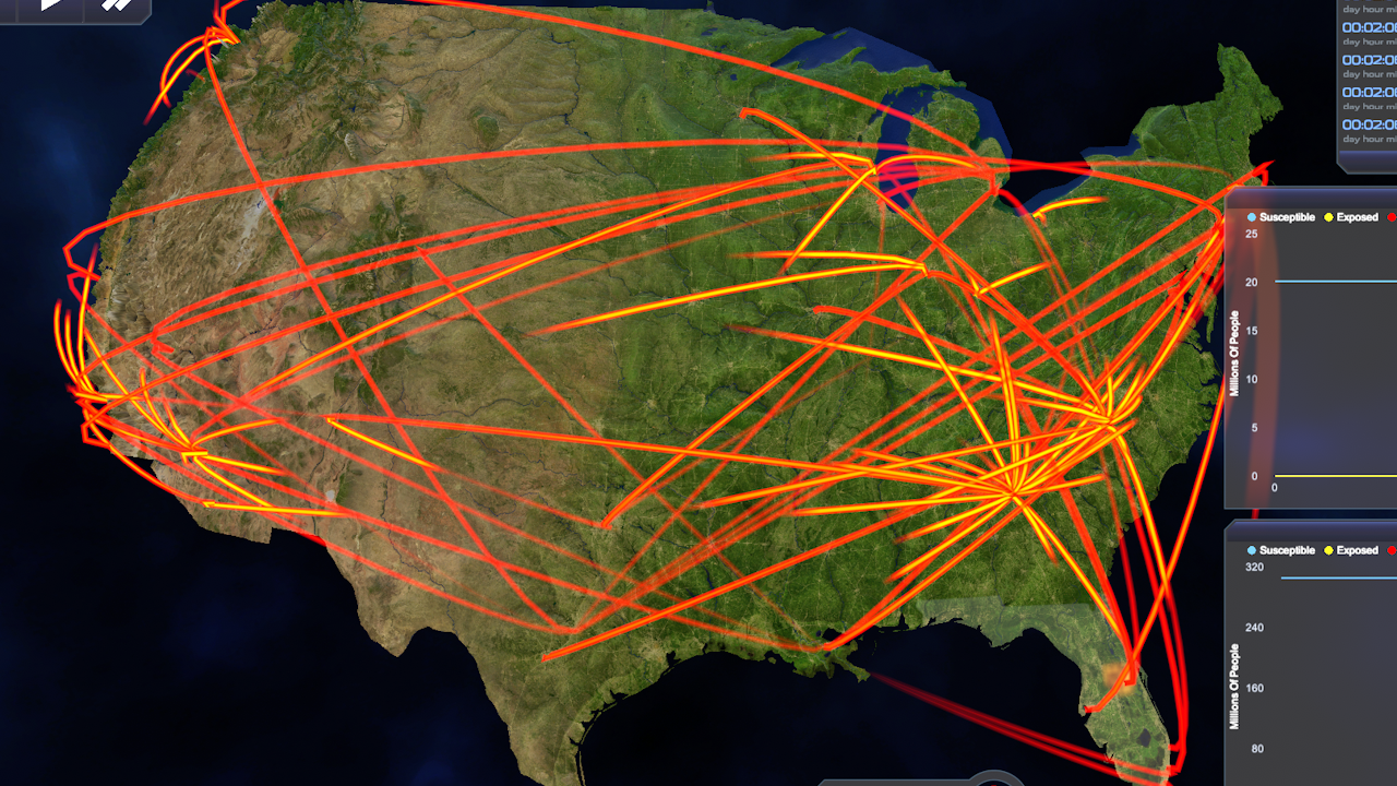 Screenshot of Outbreak Simulator showing various flight paths across the continental United States