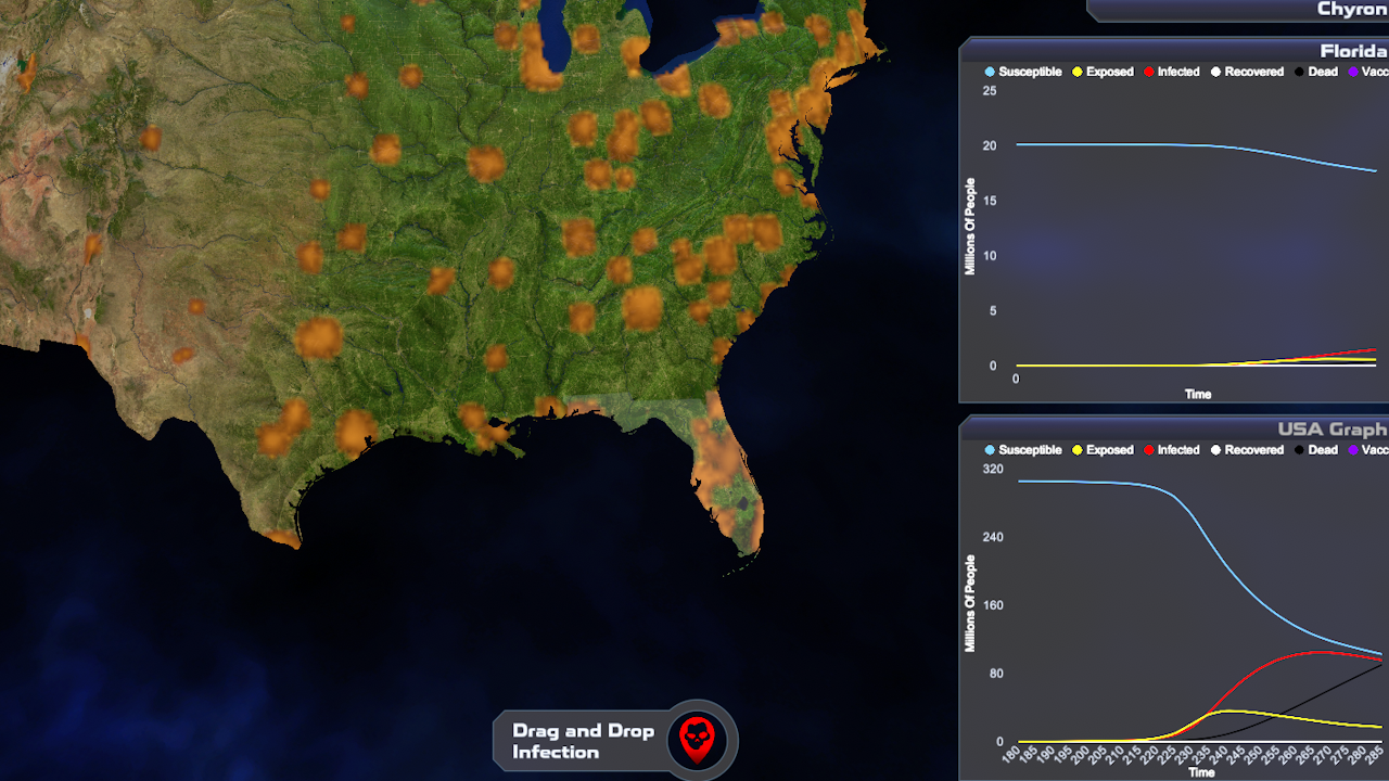 Screenshot of Outbreak Simulator showing the most populated areas of the continental United States being infected