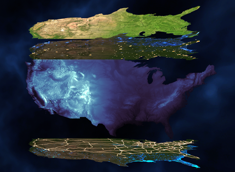 Five maps of the continental United States each representing different kinds of data. The most prominent map is a blue topography map