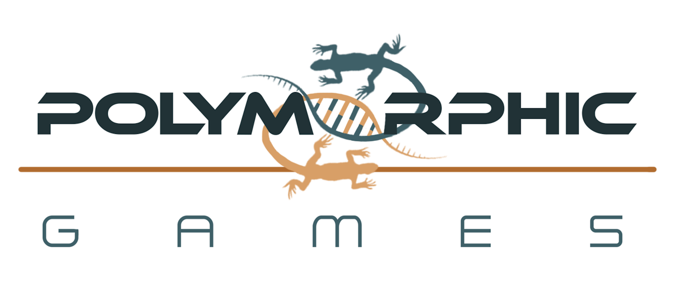 The Polymorphic Games logo, which is written in black text and two lizards form a double-helix with their tail to make the O in Polymorphic