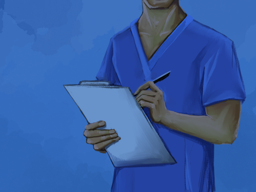 Clinical Trials Manager - somebody in blue scrubs writing on a clip board