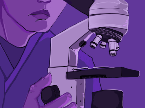 Cytotechnologist - a scientist in a lab coat looking into a microscope