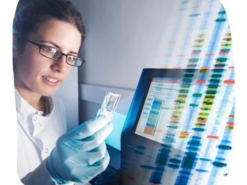 Geneticist - a scientist wearing gloves and a lab coat looking at a slide