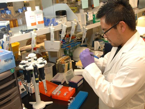 Medical Laboratory Scientist - a scientist wearing a lab coat and gloves writing on a sample