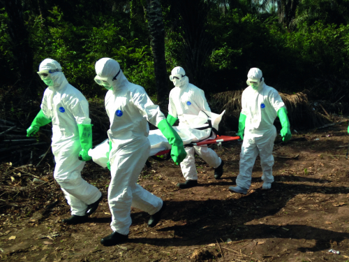 Tropical Disease Specialist - A group of 4 scientists in full PPE carrying somebody on a stretcher out of a forest